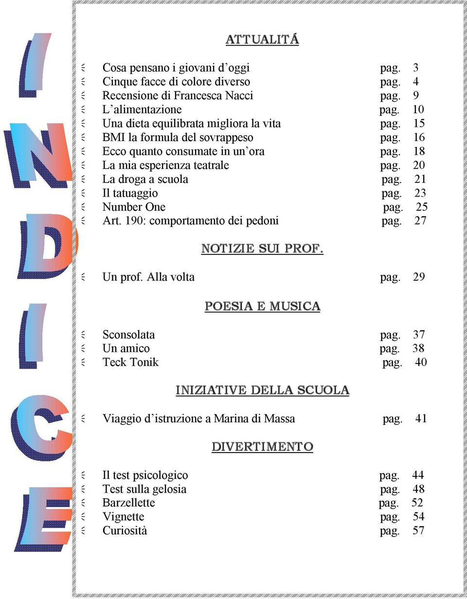 20 ð La droga a scuola pag. 21 ð Il tatuaggio pag. 23 ð Number One pag. 25 ð Art. 190: comportamento dei pedoni pag. 27 NOTIZIE SUI PROF. ð Un prof. Alla volta pag.