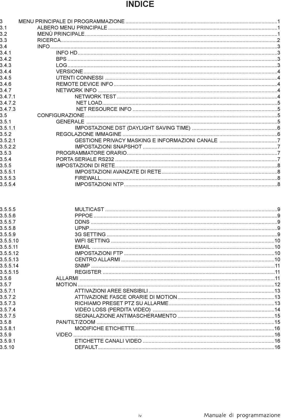 ..6 3.5.2 REGOLAZIONE IMMAGINE...6 3.5.2.1 GESTIONE PRIVACY MASKING E INFORMAZIONI CANALE...7 3.5.2.2 IMPOSTAZIONI SNAPSHOT...7 3.5.3 PROGRAMMATORE ORARIO...7 3.5.4 PORTA SERIALE RS232...7 3.5.5 IMPOSTAZIONI DI RETE.