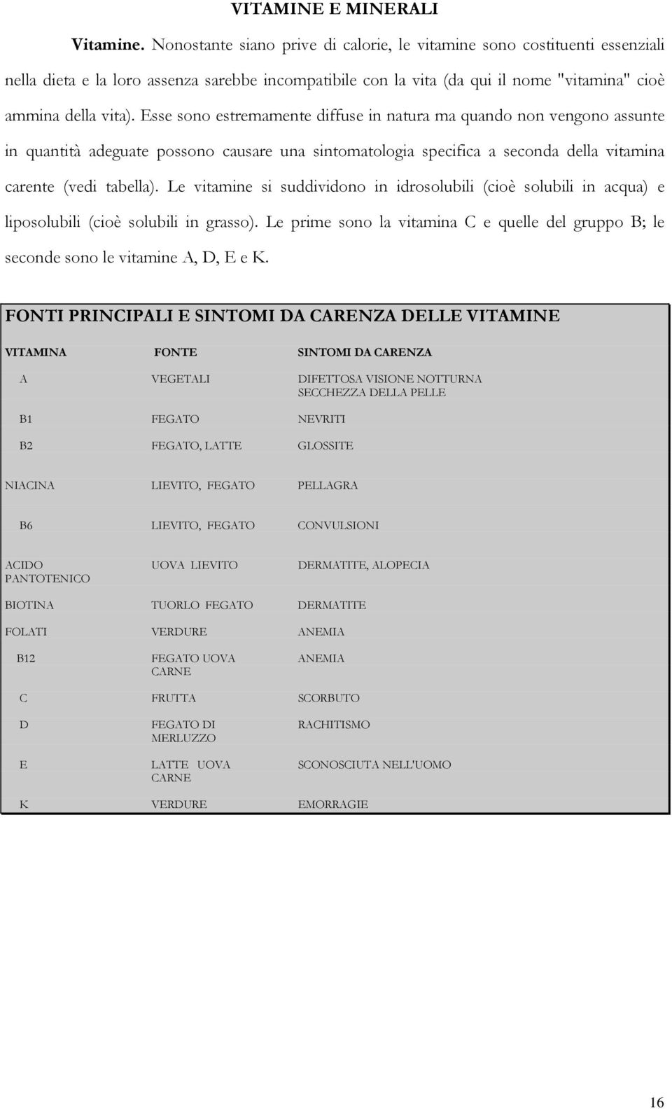 Esse sono estremamente diffuse in natura ma quando non vengono assunte in quantità adeguate possono causare una sintomatologia specifica a seconda della vitamina carente (vedi tabella).