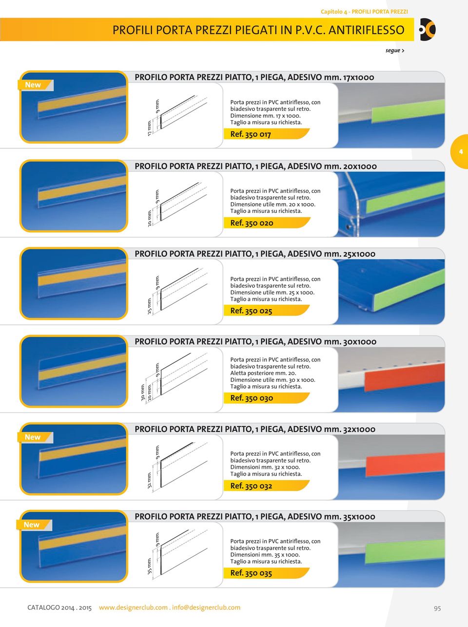 Ref. 350 025 PROFILO UNIVERSAL PORTA PREZZI SLATWALL PIATTO, CLIP 1 FOR PIEGA, BROCHURE ADESIVO HOLDERS mm. 30x1000 Aletta posteriore mm. 20. Dimensione utile mm. 30 x 1000. Ref.