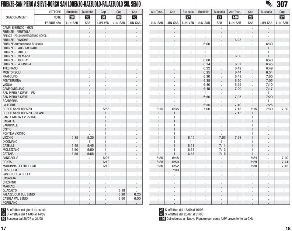 ............. FIRENZE - PIGNONE.......... 6:25... FIRENZE Autostazione Busitalia........ 6:00.. 6:30. FIRENZE - LARGO ALINARI........... FIRENZE - CAREGGI........... FIRENZE - DALMAZIA......... 6:30.. FIRENZE - LIBERTA.