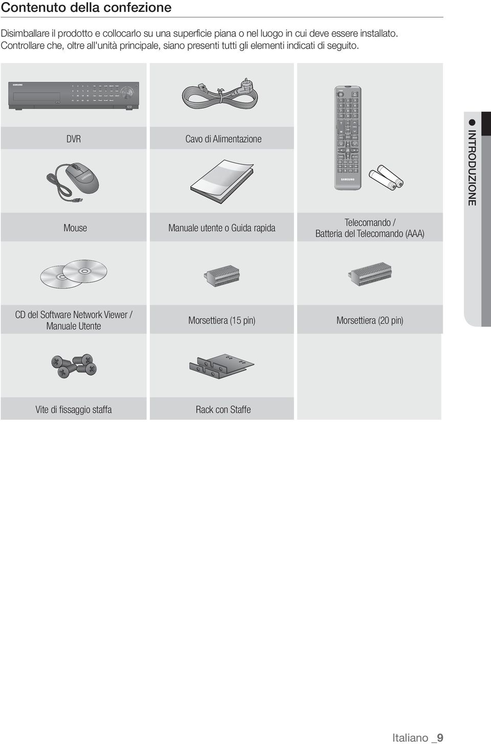 DVR Cavo di Alimentazione INTRODUZIONE Mouse Manuale utente o Guida rapida Telecomando / Batteria del Telecomando (AAA) CD