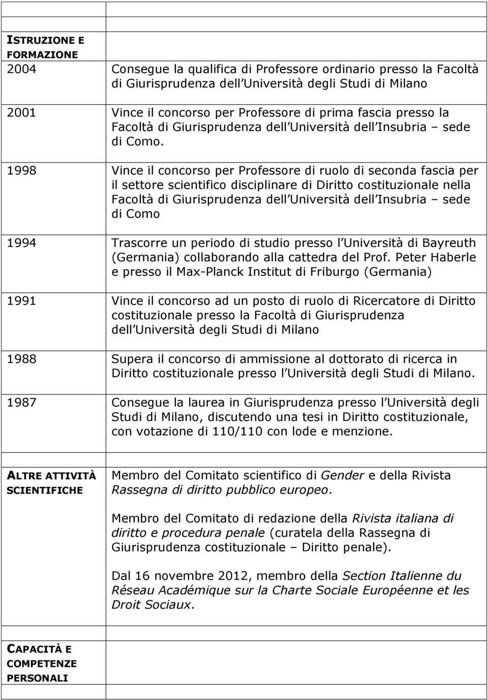 1998 Vince il concorso per Professore di ruolo di seconda fascia per il settore scientifico disciplinare di Diritto costituzionale nella Facoltà di Giurisprudenza dell Università dell Insubria sede