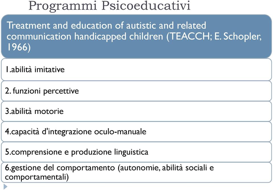 funzioni percettive 3.abilità motorie 4.capacità d'integrazione oculo-manuale 5.