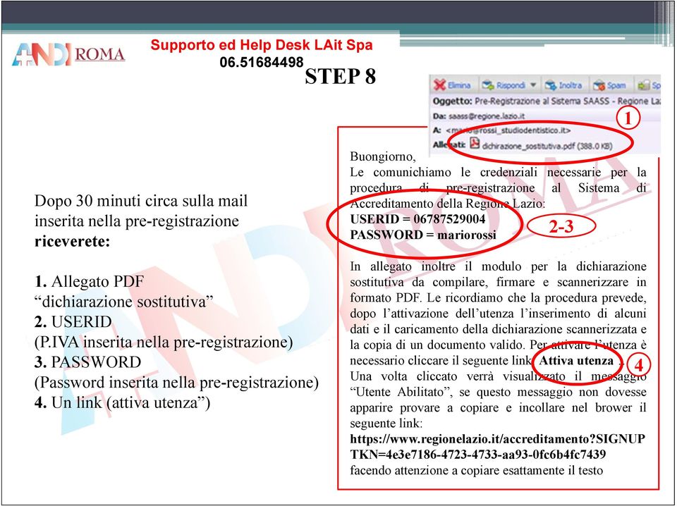 Un link (attiva utenza ) Buongiorno, Le comunichiamo le credenziali necessarie per la procedura di pre-registrazione registrazione al Sistema di Accreditamento della Regione Lazio: USERID =