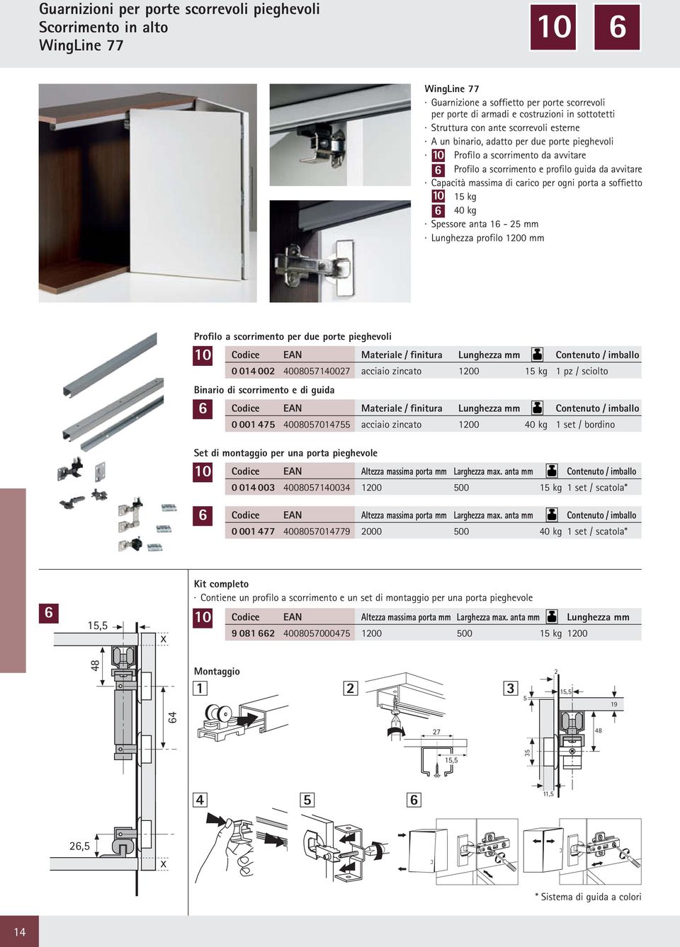 soffietto kg 6 40 kg Spessore anta 16-2 mm Lunghezza profilo 1200 mm Profilo a scorrimento per due porte pieghevoli 0 014 002 400807140027 acciaio zincato 1200 kg 1 pz / sciolto Binario di