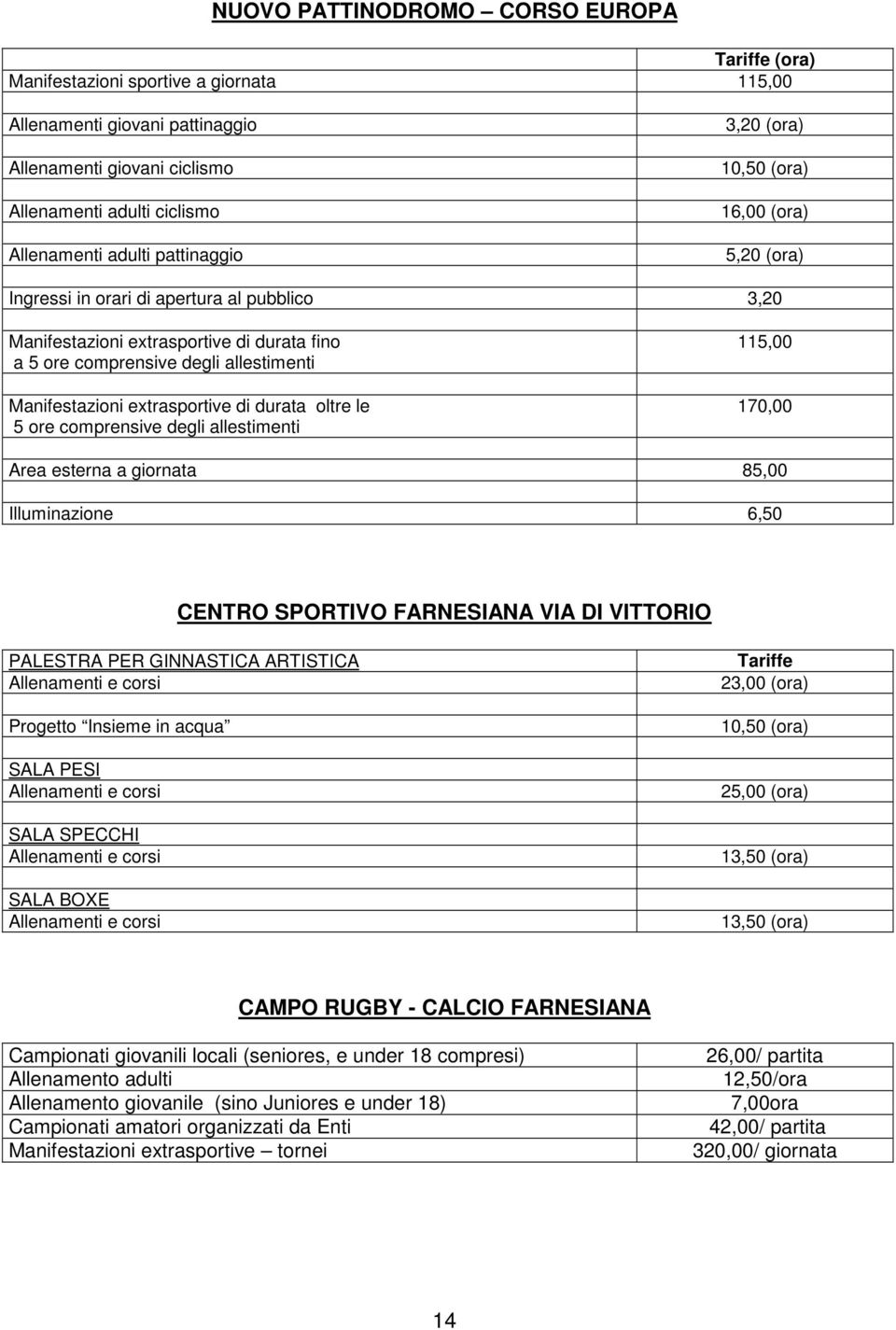 di durata oltre le 5 ore comprensive degli allestimenti 115,00 170,00 Area esterna a giornata 85,00 Illuminazione 6,50 CENTRO SPORTIVO FARNESIANA VIA DI VITTORIO PALESTRA PER GINNASTICA ARTISTICA