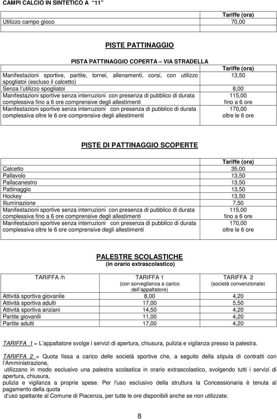 allestimenti oltre le 6 ore PISTE DI PATTINAGGIO SCOPERTE Calcetto 35,00 Pallavolo 13,50 Pallacanestro 13,50 Pattinaggio 13,50 Hockey 13,50 Illuminazione 7,50 115,00 complessiva fino a 6 ore