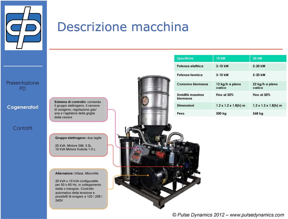 Fino al 30% Dimensioni 1.2 x 1.2 x 1.8(h) m 1.2 x 1.3 x 1.8(h) m Peso 500 kg 568 kg Gruppo elettrogeno: due taglie 20 kva: Motore GM, 3.0L 10 kva Motore Kubota 1.