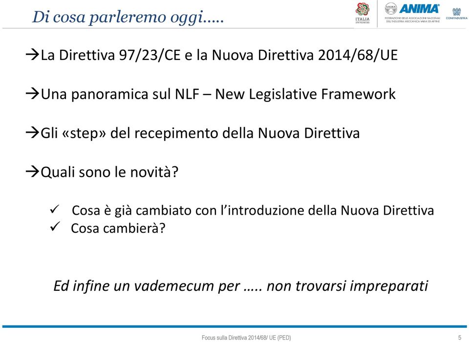 Legislative Framework Gli «step» del recepimento della Nuova Direttiva Quali sono