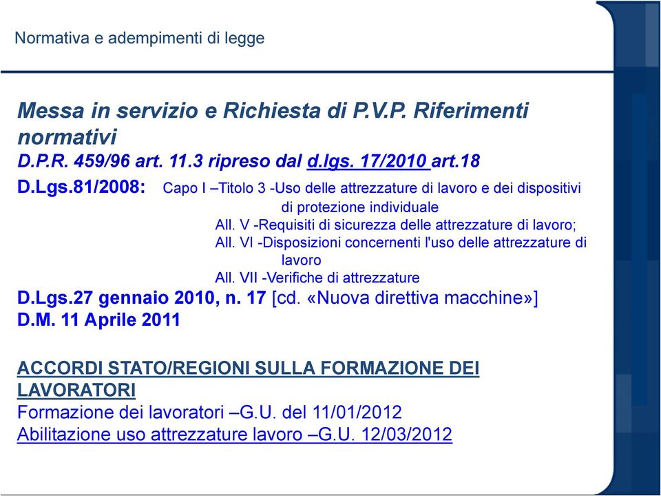 V -Requisiti di sicurezza delle attrezzature di lavoro; All. VI -Disposizioni concernenti l'uso delle attrezzature di lavoro All. VII -Verifiche di attrezzature D.