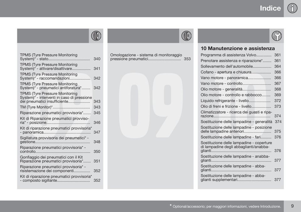 .. 343 TM (Tyre Monitor)*... 343 Riparazione pneumatici provvisoria*... 345 Kit di Riparazione pneumatici provvisoria* - posizione... 346 Kit di riparazione pneumatici provvisoria* - panoramica.