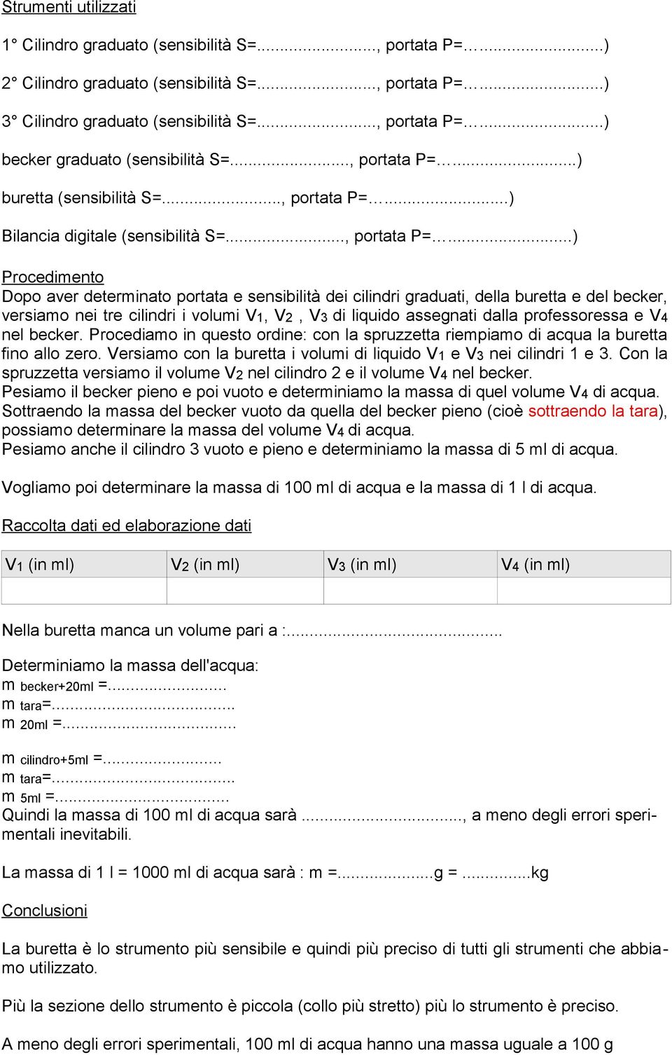 ..) buretta (sensibilità S=...) Bilancia digitale (sensibilità S=.