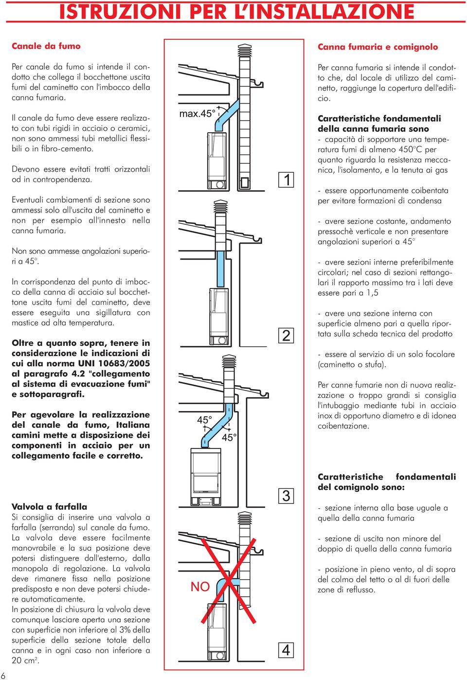 Devono essere evitati tratti orizzontali od in contropendenza. Eventuali cambiamenti di sezione sono ammessi solo all'uscita del caminetto e non per esempio all'innesto nella canna fumaria.