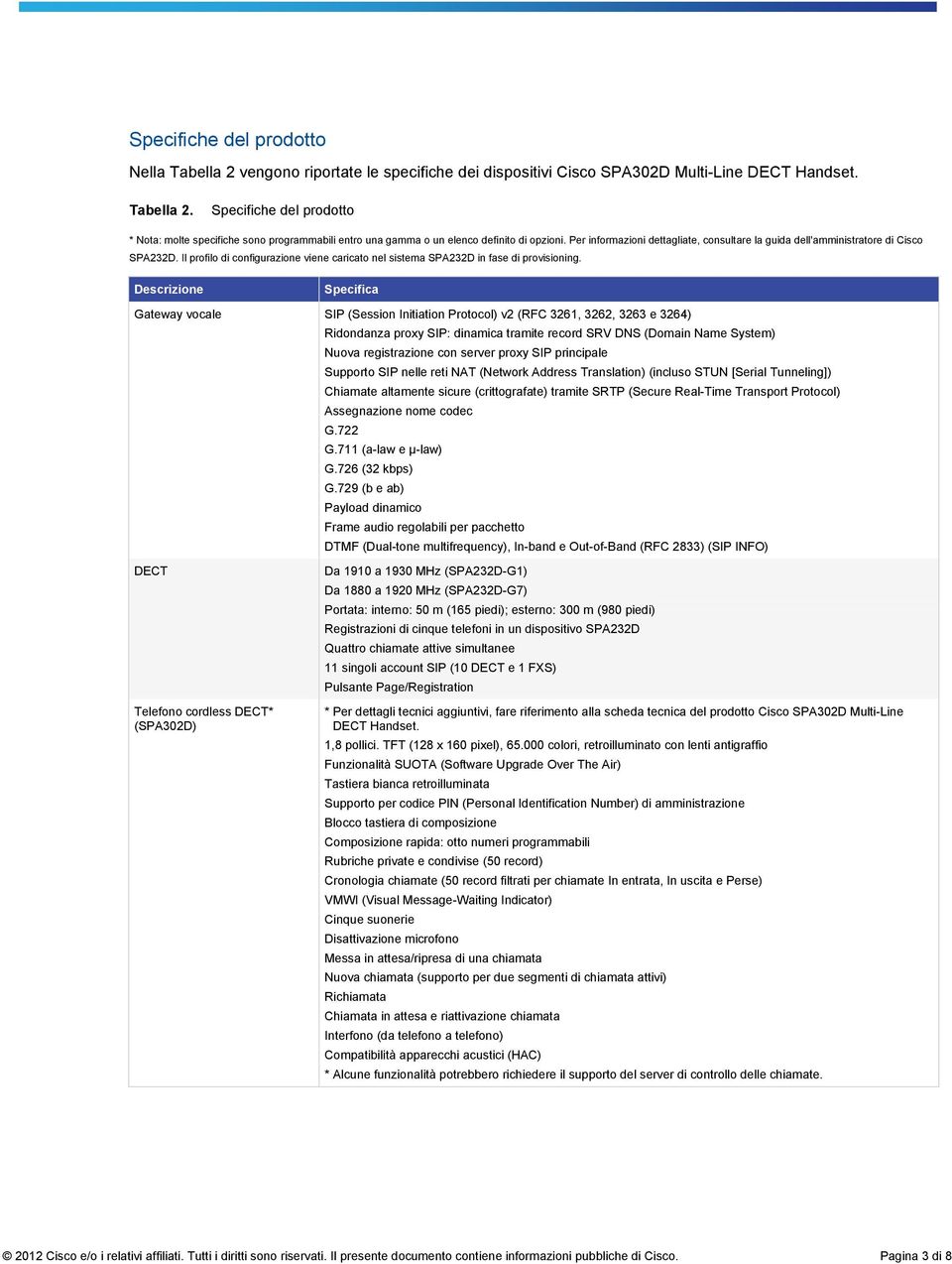 Descrizione Gateway vocale SIP (Session Initiation Protocol) v2 (RFC 3261, 3262, 3263 e 3264) DECT Telefono cordless DECT* (SPA302D) Ridondanza proxy SIP: dinamica tramite record SRV DNS (Domain Name