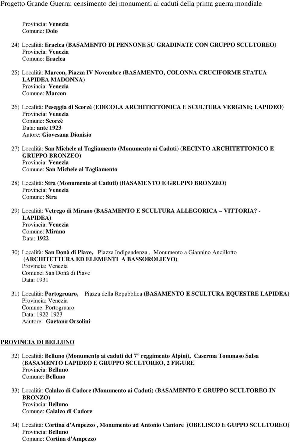 Caduti) (RECINTO ARCHITETTONICO E GRUPPO BRONZEO) Comune: San Michele al Tagliamento 28) Località: Stra (Monumento ai Caduti) (BASAMENTO E GRUPPO BRONZEO) Comune: Stra 29) Località: Vetrego di Mirano