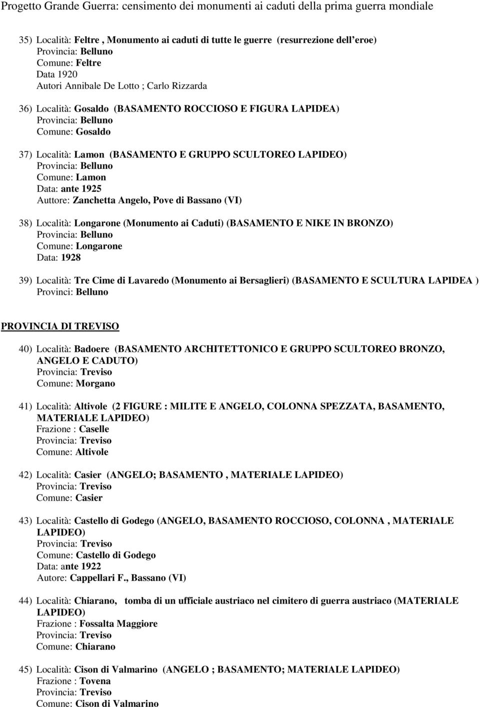 Caduti) (BASAMENTO E NIKE IN BRONZO) Comune: Longarone Data: 1928 39) Località: Tre Cime di Lavaredo (Monumento ai Bersaglieri) (BASAMENTO E SCULTURA LAPIDEA ) Provinci: Belluno PROVINCIA DI TREVISO