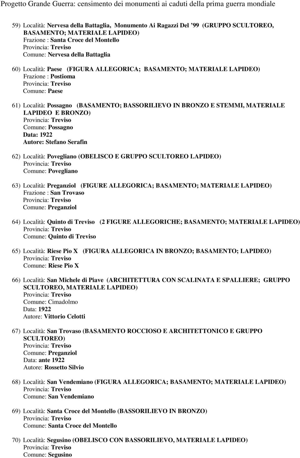 Autore: Stefano Serafin 62) Località: Povegliano (OBELISCO E GRUPPO SCULTOREO Comune: Povegliano 63) Località: Preganziol (FIGURE ALLEGORICA; BASAMENTO; MATERIALE Frazione : San Trovaso Comune: