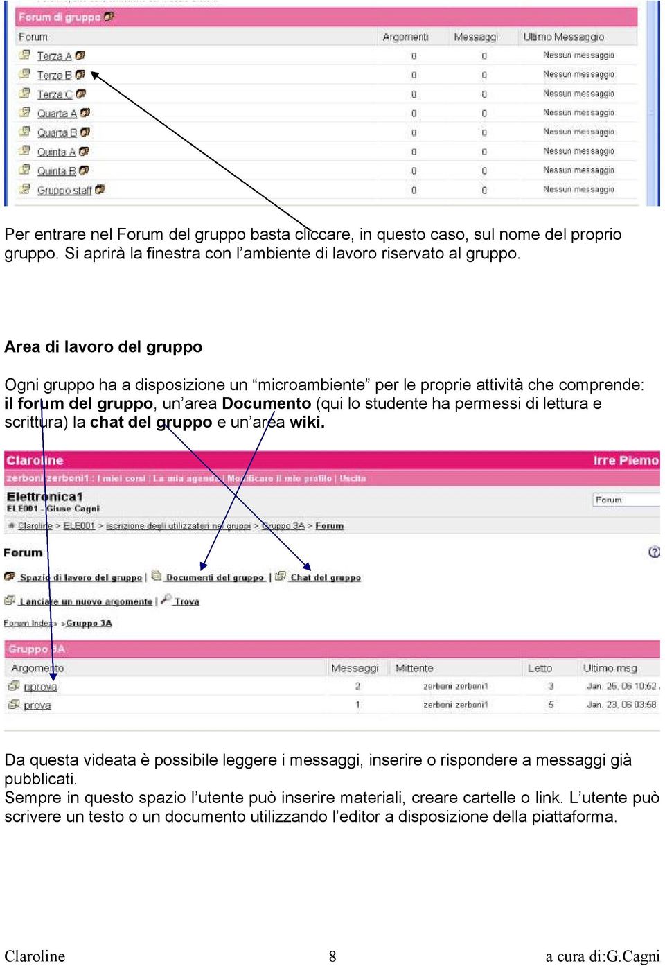 permessi di lettura e scrittura) la chat del gruppo e un area wiki. Da questa videata è possibile leggere i messaggi, inserire o rispondere a messaggi già pubblicati.