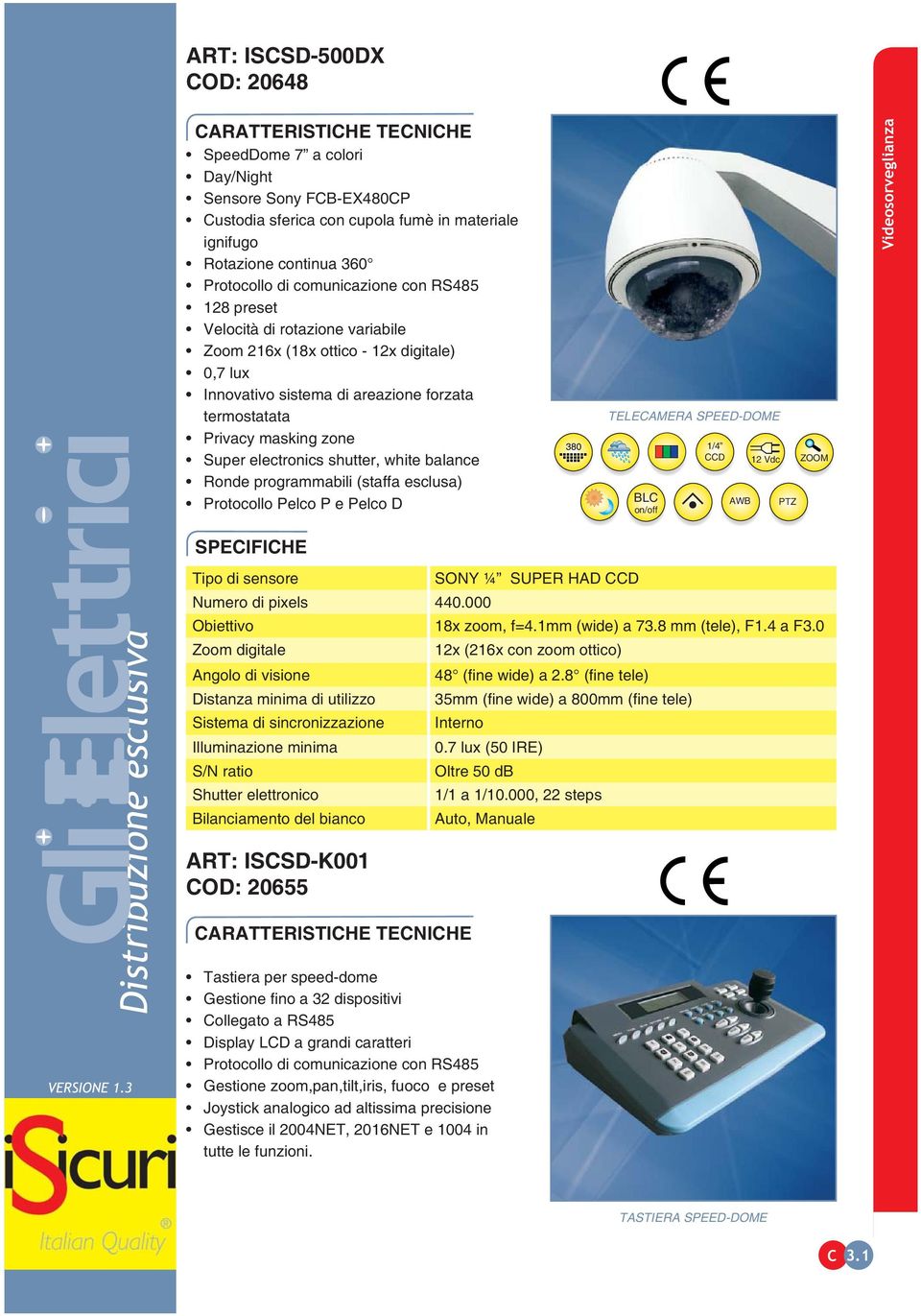 balance Ronde programmabili (staffa esclusa) Protocollo Pelco P e Pelco D 380 TELECAMERA SPEED-DOME BLC on/off 1/4 CCD AWB 12 Vdc PTZ ZOOM Tipo di sensore SONY ¼ SUPER HAD CCD Numero di pixels 440.