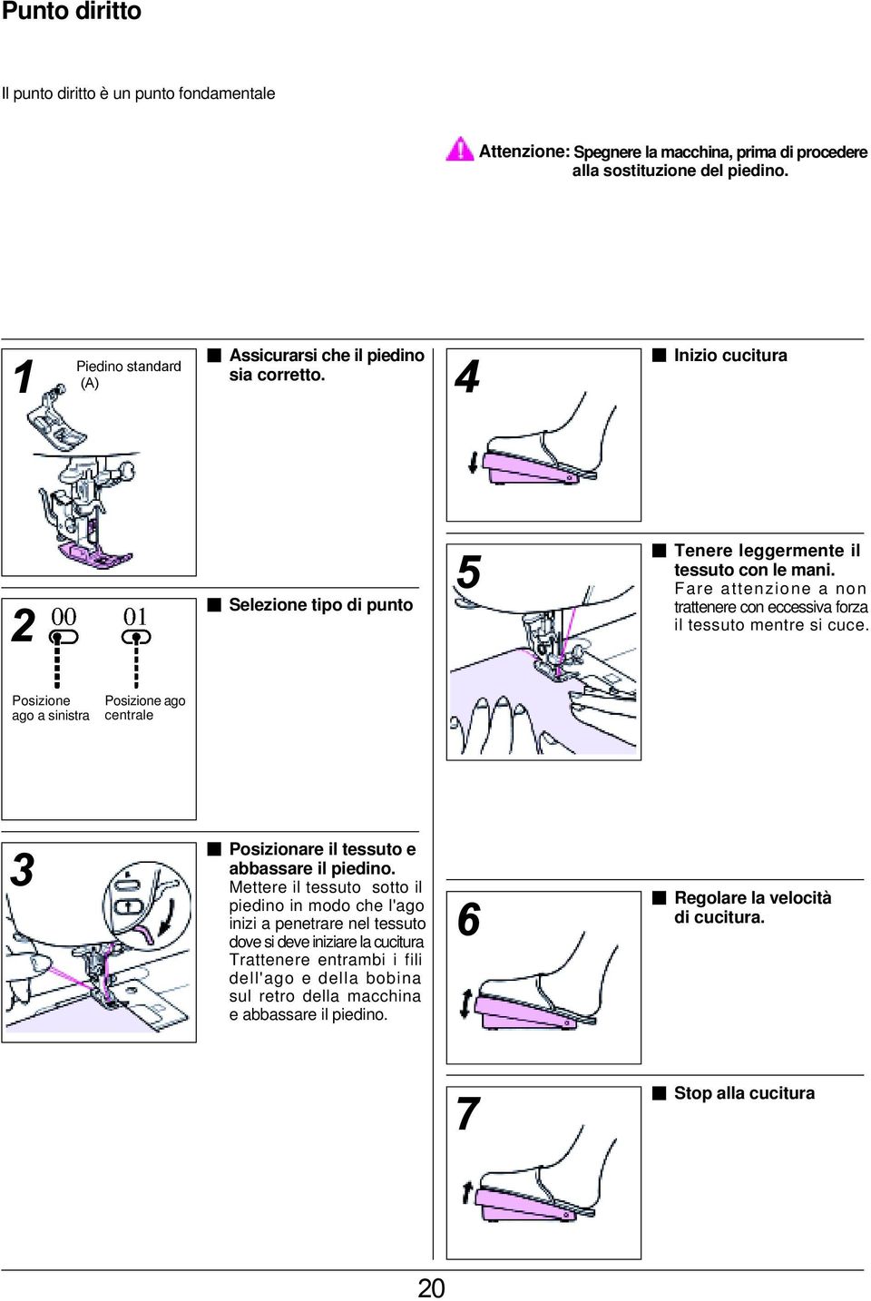 Fare attenzione a non trattenere con eccessiva forza il tessuto mentre si cuce. Posizione ago a sinistra Posizione ago centrale 3 Posizionare il tessuto e abbassare il piedino.