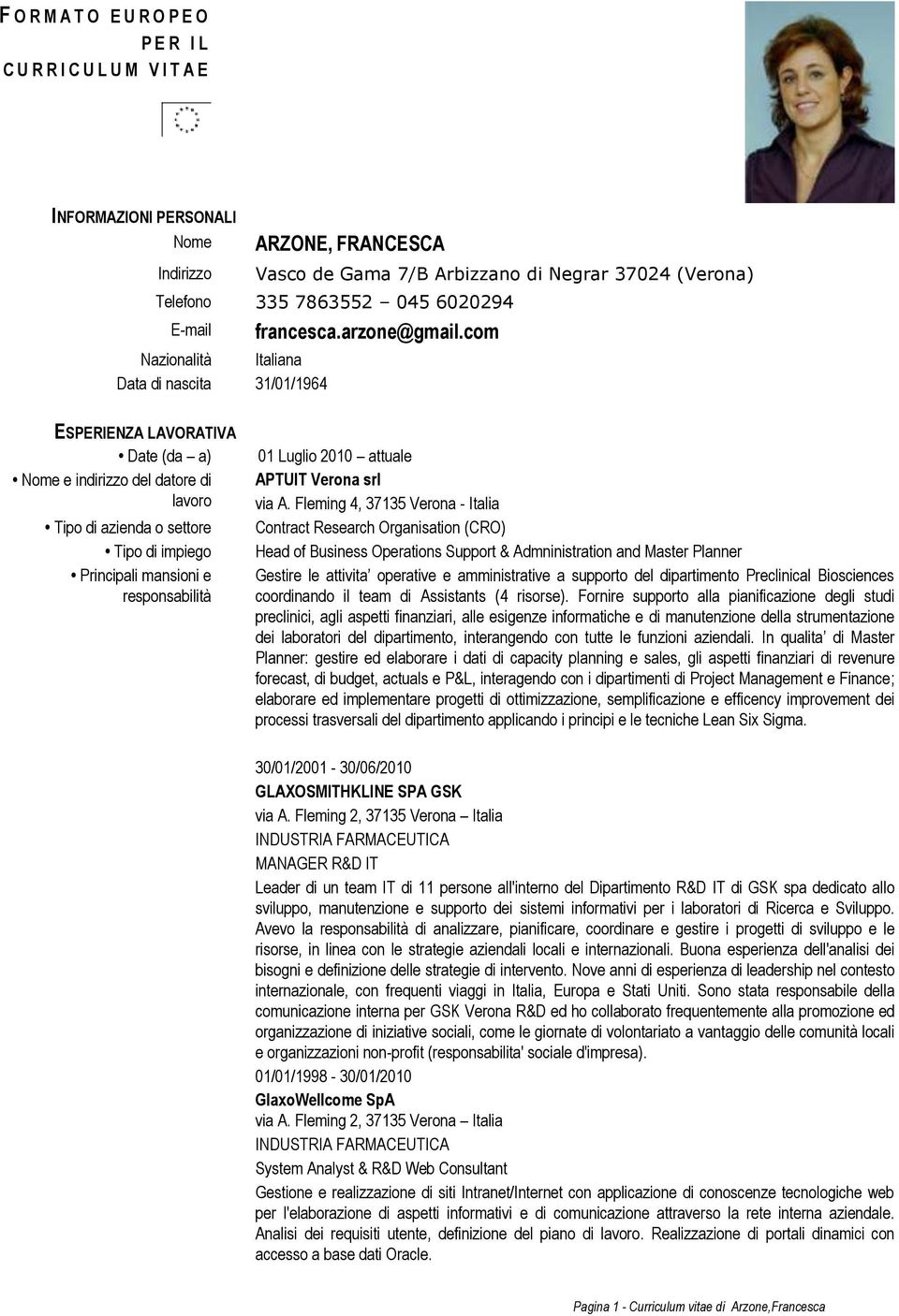 com ESPERIENZA LAVORATIVA Date (da a) Nome e indirizzo del datore di lavoro Tipo di azienda o settore Tipo di impiego Principali mansioni e responsabilità 01 Luglio 2010 attuale APTUIT Verona srl via