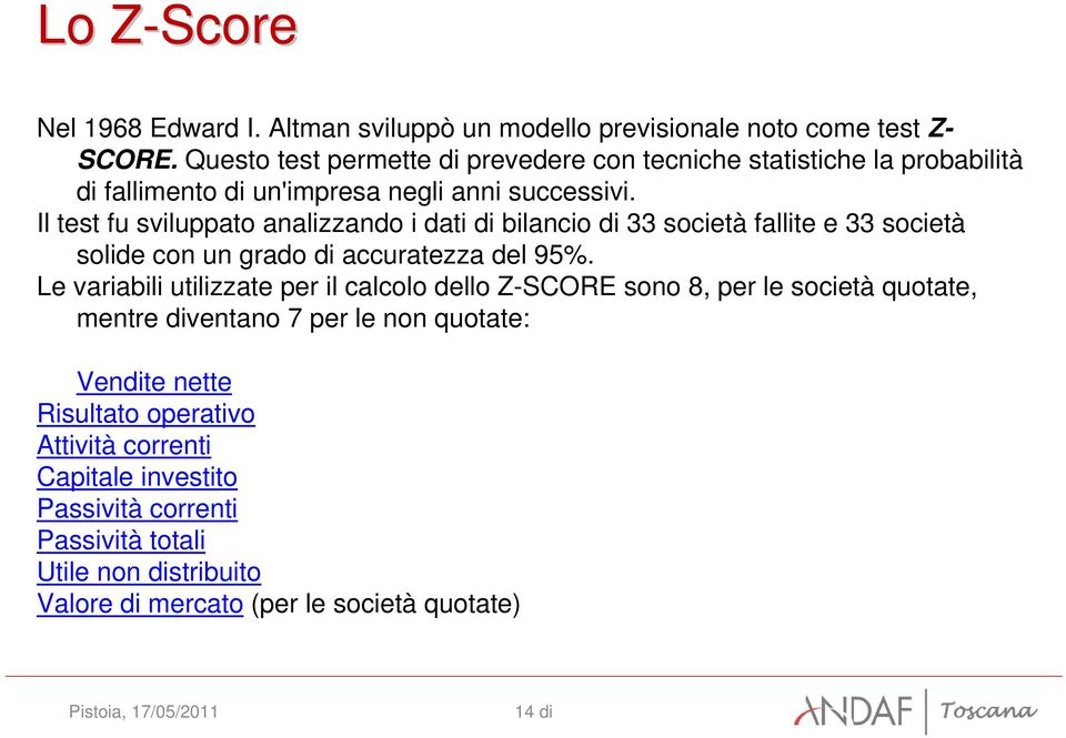 Il test fu sviluppato analizzando i dati di bilancio di 33 società fallite e 33 società solide con un grado di accuratezza del 95%.