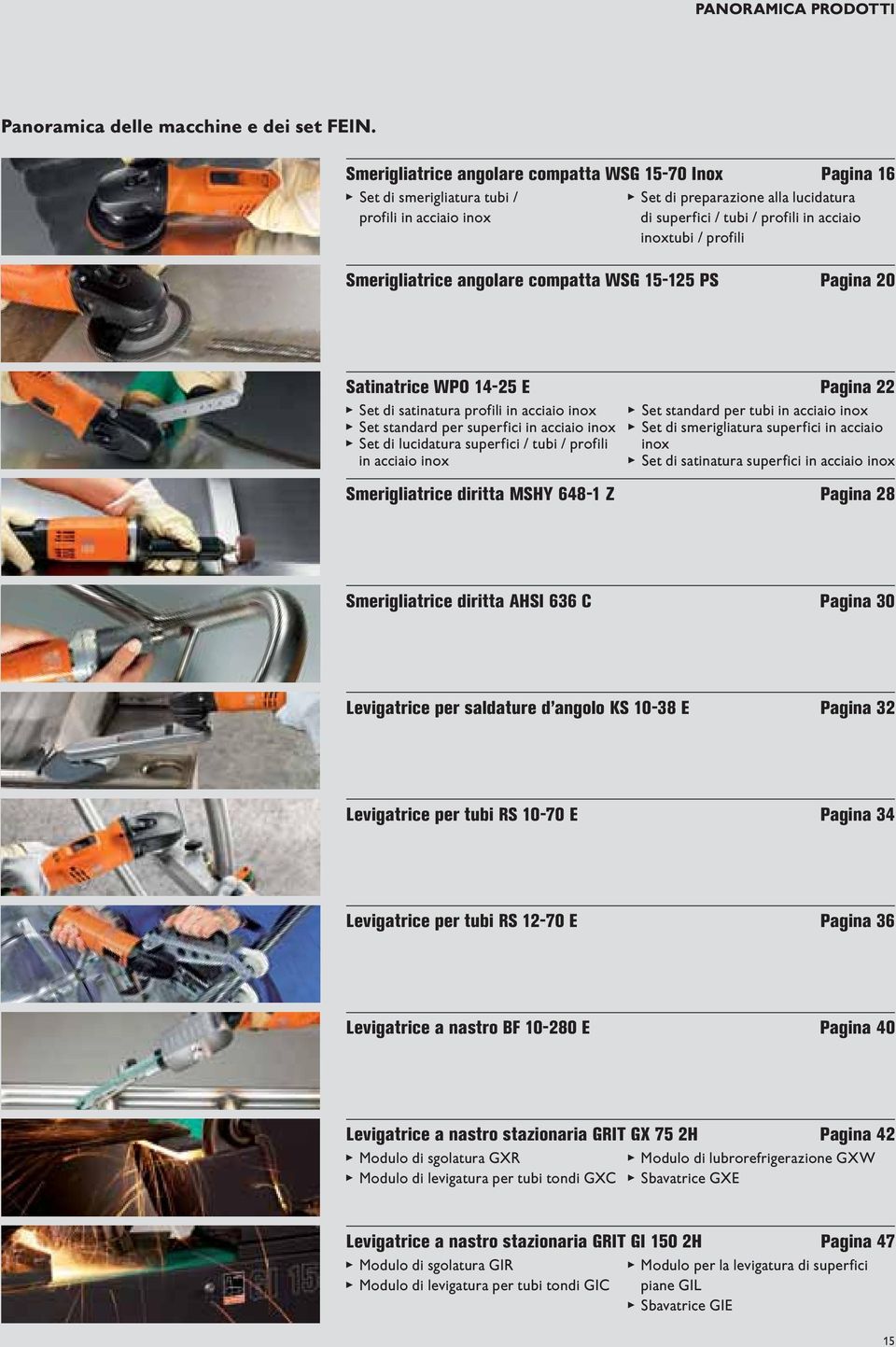 profili Smerigliatrice angolare compatta WSG 15-125 PS Pagina 20 Satinatrice WPO 14-25 E Pagina 22 Set di satinatura profili in acciaio inox Set standard per superfici in acciaio inox Set di