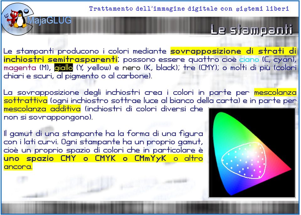 La sovrapposizione degli inchiostri crea i colori in parte per mescolanza sottrattiva (ogni inchiostro sottrae luce al bianco della carta) e in parte per mescolanza additiva