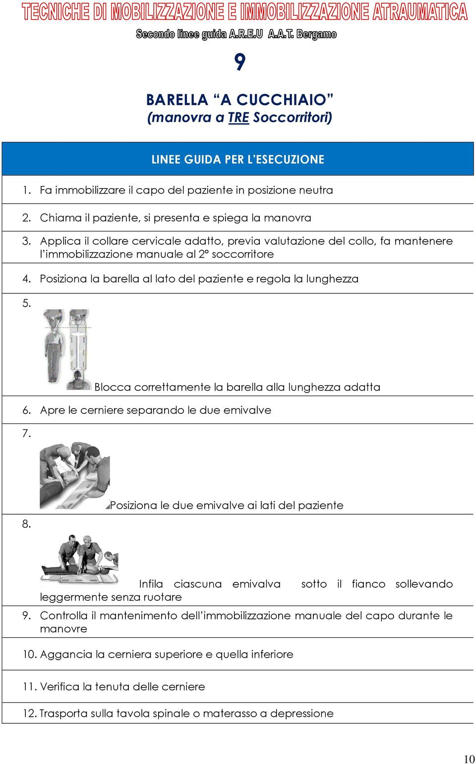 Blocca correttamente la barella alla lunghezza adatta 6. Apre le cerniere separando le due emivalve 7. 8.