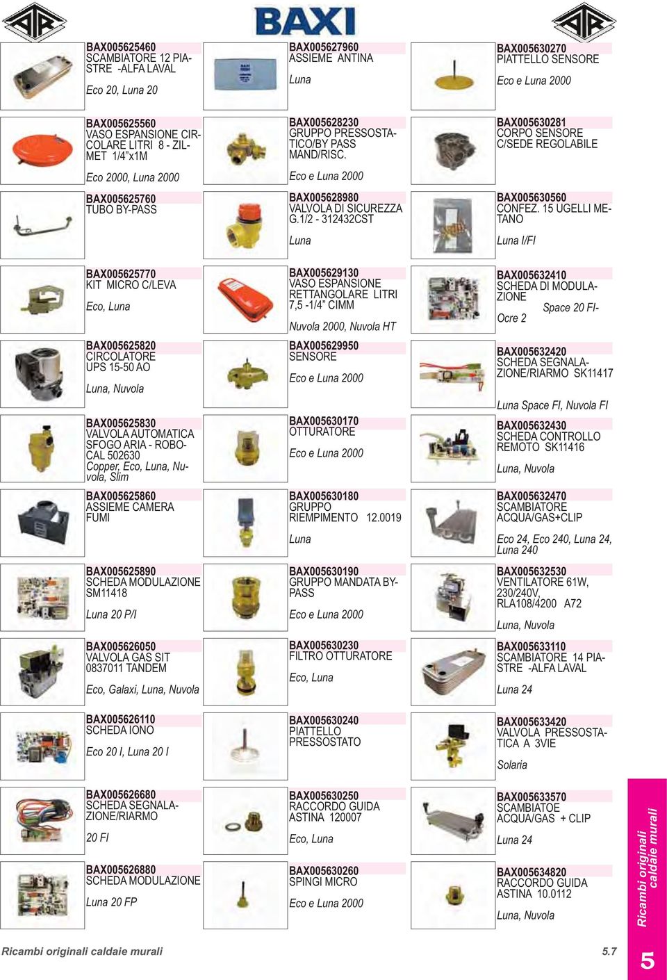 BAX00630281 CORPO SENSORE C/SEDE REGOLABILE Eco 2000, Luna 2000 Eco e Luna 2000 BAX0062760 TUBO BY-PASS BAX00628980 VALVOLA DI SICUREZZA G.1/2-312432CST BAX0063060 CONFEZ.