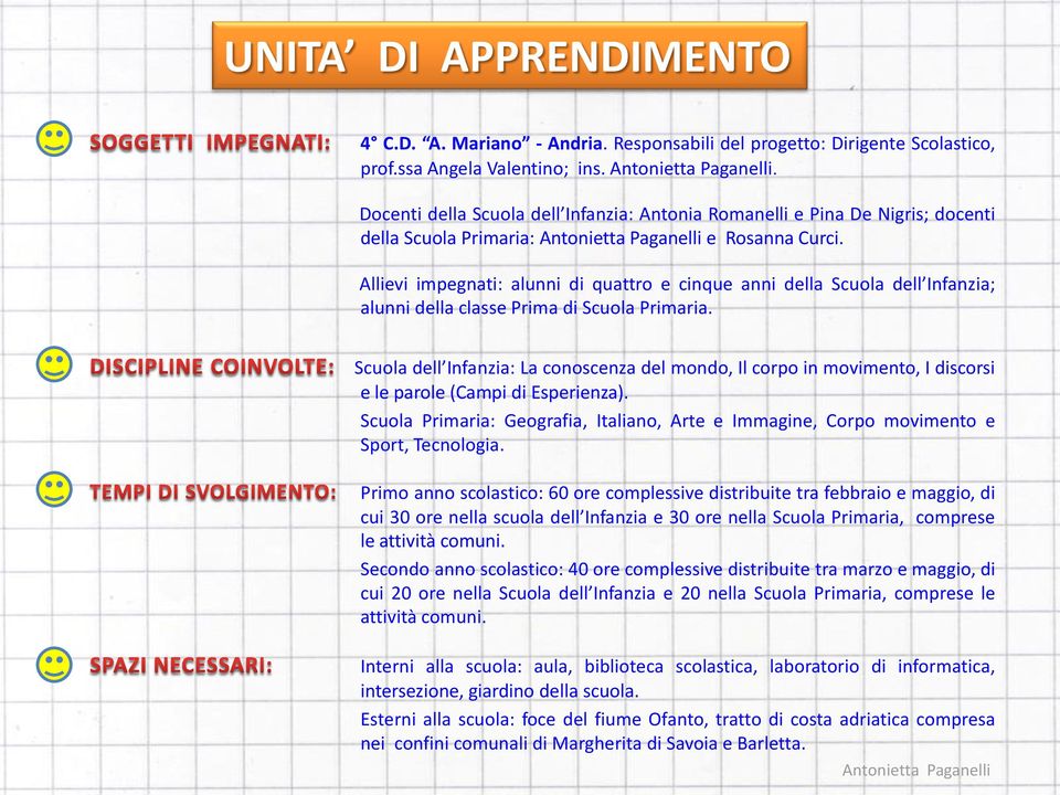 Allievi impegnati: alunni di quattro e cinque anni della Scuola dell Infanzia; alunni della classe Prima di Scuola Primaria.