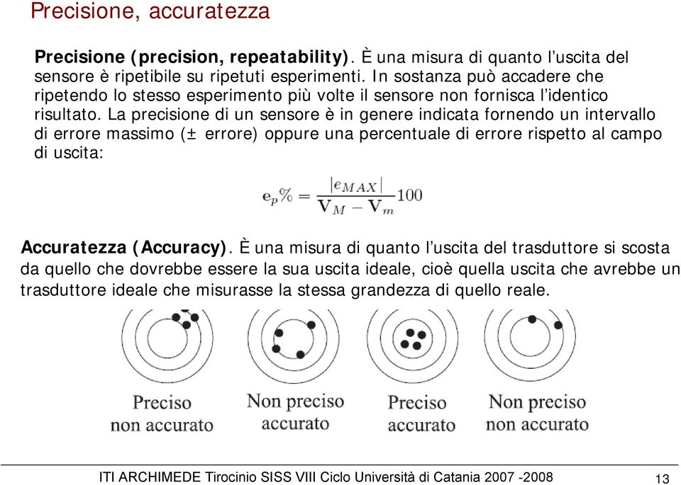 La precisione di un sensore è in genere indicata fornendo un intervallo di errore massimo (± errore) oppure una percentuale di errore rispetto al campo di uscita: