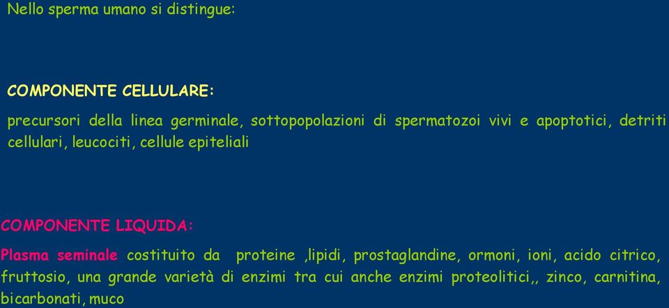 COMPONENTE LIQUIDA: Plasma seminale costituito da proteine,lipidi, prostaglandine, ormoni, ioni, acido