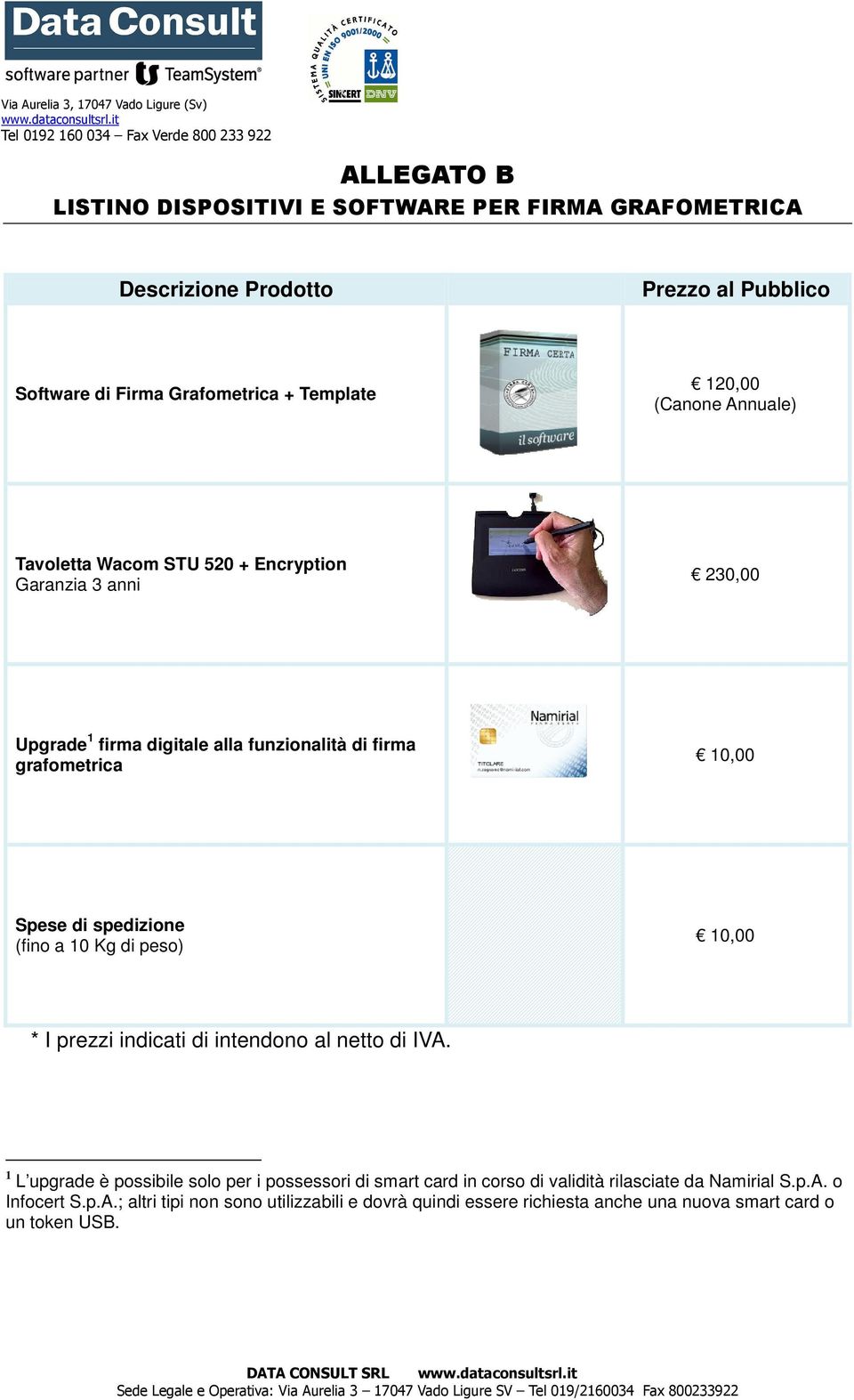 (fino a 10 Kg di peso) 10,00 * I prezzi indicati di intendono al netto di IVA.