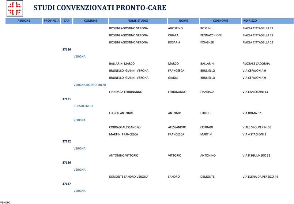 FIANDACA FERDINANDO FERDINANDO FIANDACA VIA CAMOZZINI 13 37131 BUSSOLENGO LUBICH ANTONIO ANTONIO LUBICH VIA ROMA 67 CORRADI ALESSANDRO ALESSANDRO CORRADI VIALE SPOLVERINI