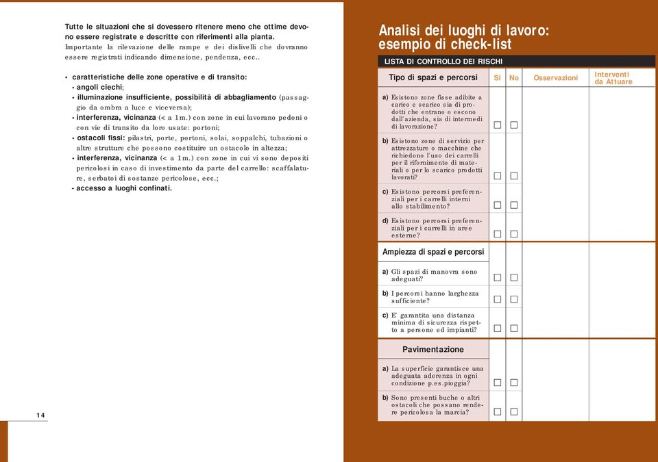 . caratteristiche delle zone operative e di transito: angoli ciechi; illuminazione insufficiente, possibilità di abbagliamento (passaggio da ombra a luce e viceversa); interferenza, vicinanza (< a 1m.