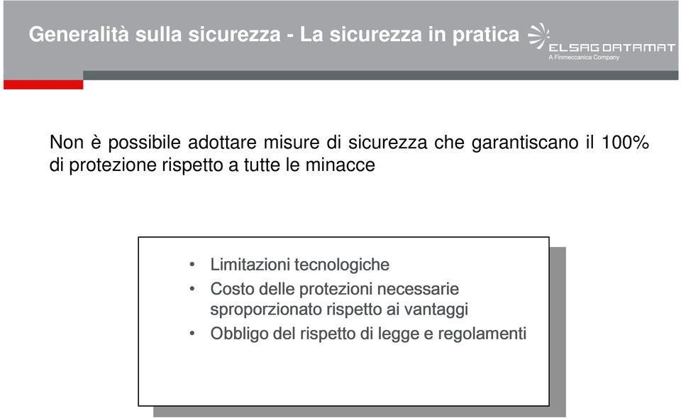 rispetto a tutte le minacce Limitazioni tecnologiche Costo delle protezioni