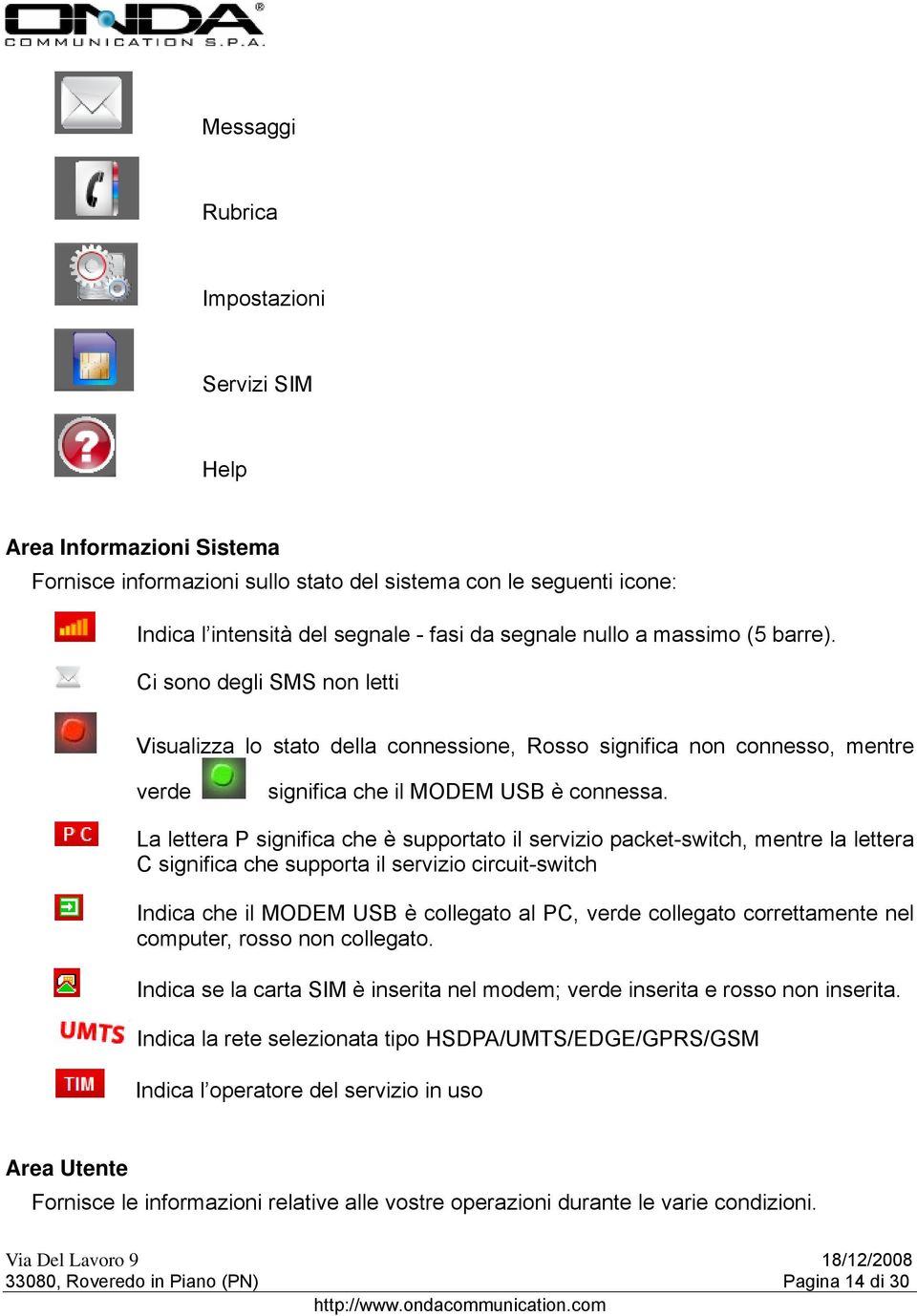 La lettera P significa che è supportato il servizio packet-switch, mentre la lettera C significa che supporta il servizio circuit-switch Indica che il MODEM USB è collegato al PC, verde collegato