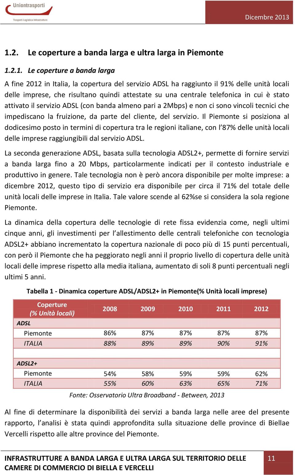 del cliente, del servizio. Il Piemonte si posiziona al dodicesimo posto in termini di copertura tra le regioni italiane, con l 87% delle unità locali delle imprese raggiungibili dal servizio ADSL.