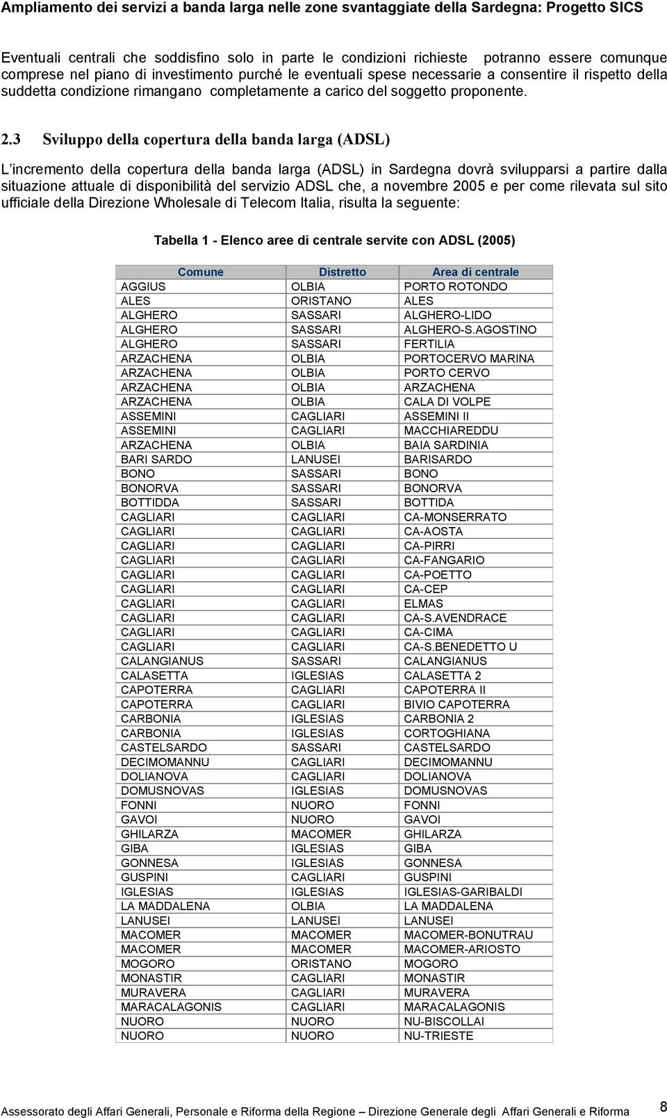 3 Sviluppo della copertura della banda larga (ADSL) L incremento della copertura della banda larga (ADSL) in Sardegna dovrà svilupparsi a partire dalla situazione attuale di disponibilità del