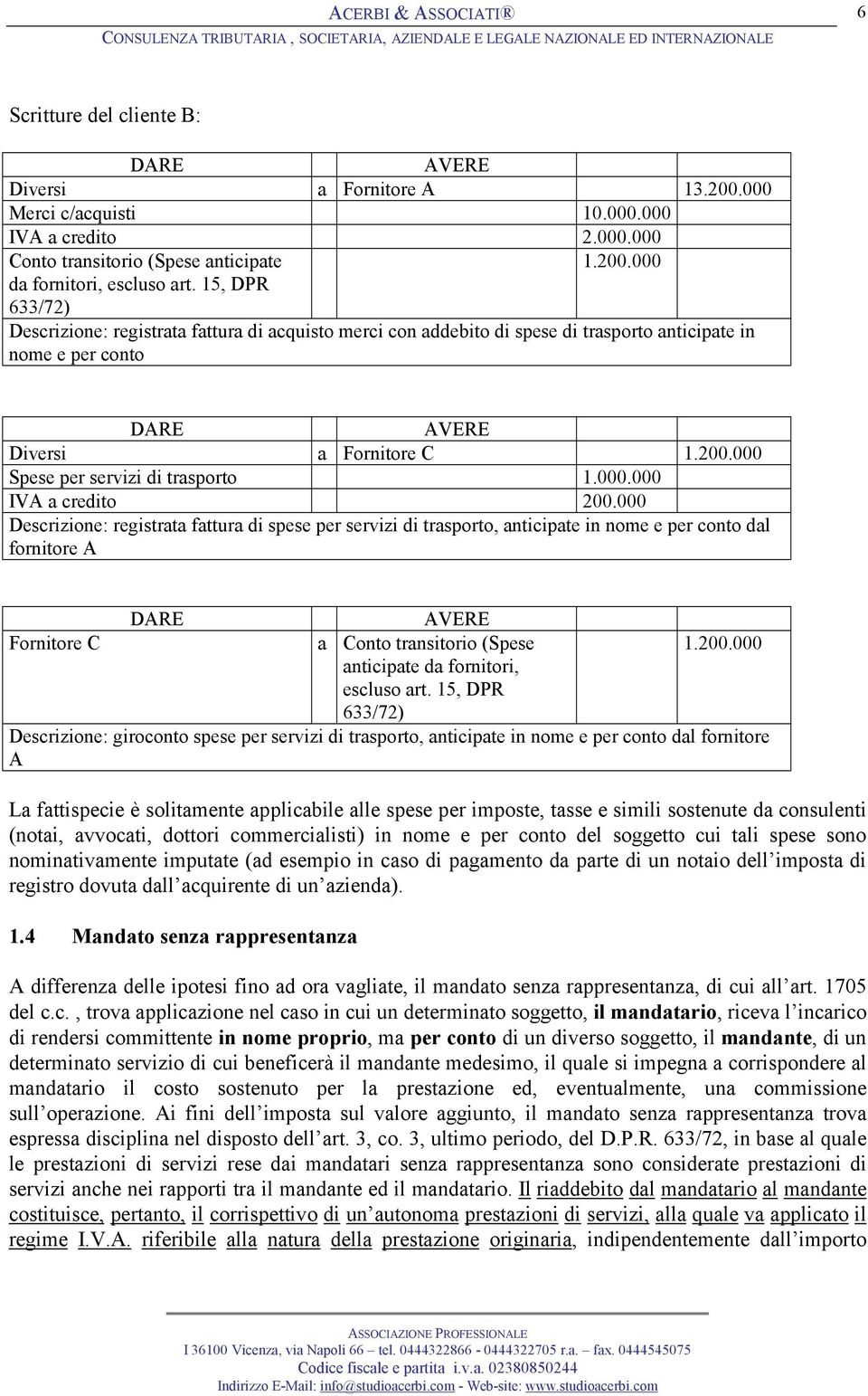 000.000 IVA a credito 200.000 Descrizione: registrata fattura di spese per servizi di trasporto, anticipate in nome e per conto dal fornitore A Fornitore C a Conto transitorio (Spese 1.200.000 anticipate da fornitori, escluso art.