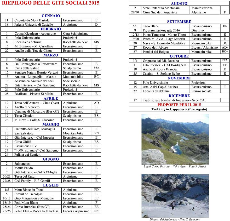 Castellaro Escursionismo E 22 Anello della Tete de Chien Escursionismo E MARZO 5 Polo Universitario Proiezioni 8 Da Riomaggiore a Portovenere Escursionismo E 8 Cima delle Saline Scialpinismo BSA 15