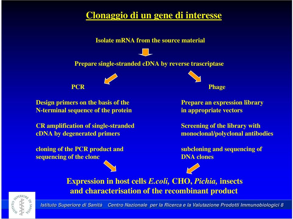 expression library in appropriate vectors Screening of the library with monoclonal/polyclonal antibodies subcloning and sequencing of DNA clones Expression in host cells E.