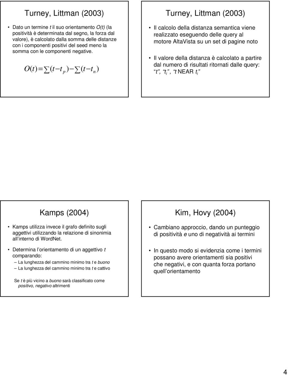 O( t) = ( t t p) ( t tn) Turney, Littman (2003) Il calcolo della distanza semantica viene realizzato eseguendo delle query al motore AltaVista su un set di pagine noto Il valore della distanza è