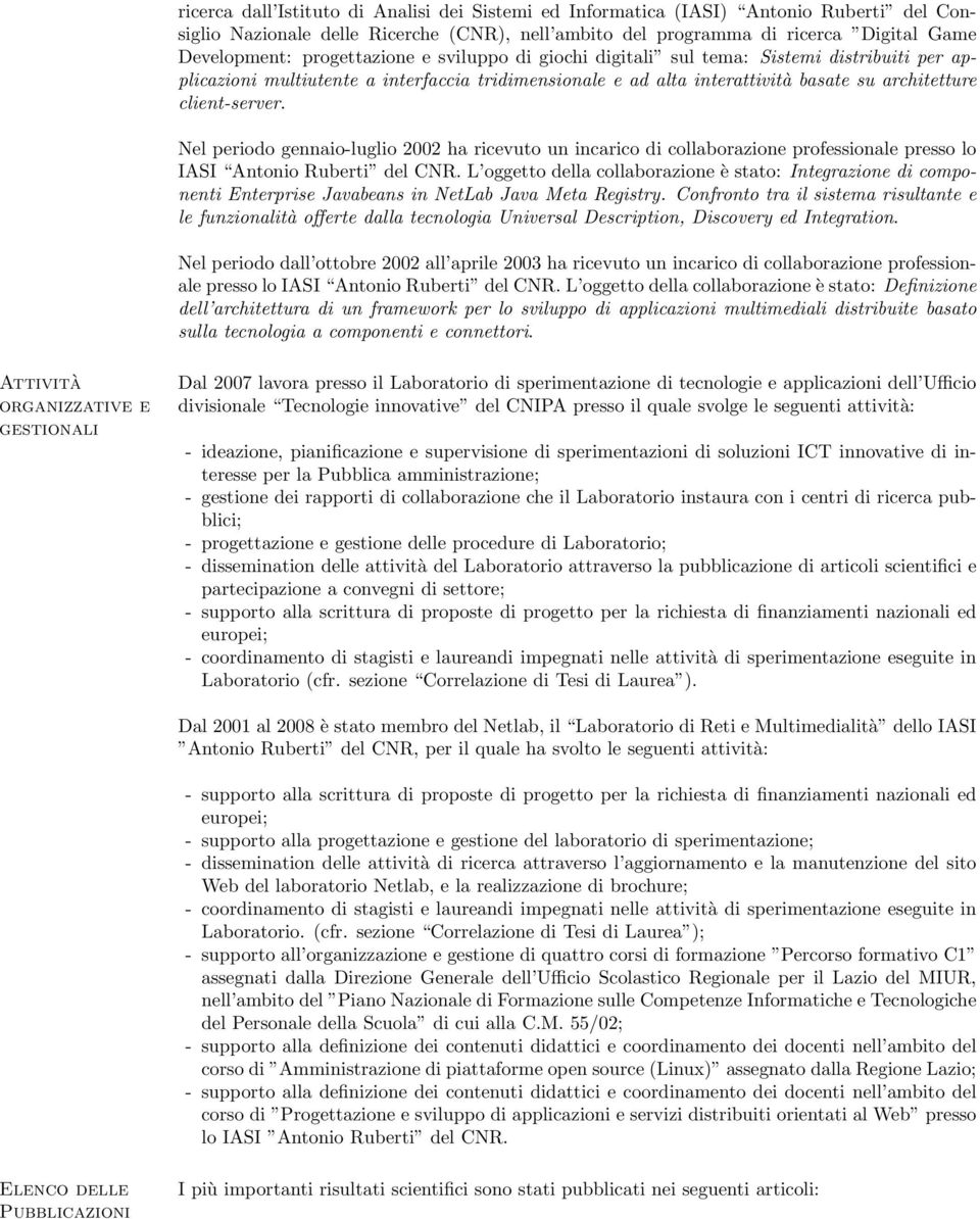 Nel periodo gennaio-luglio 2002 ha ricevuto un incarico di collaborazione professionale presso lo IASI Antonio Ruberti del CNR.