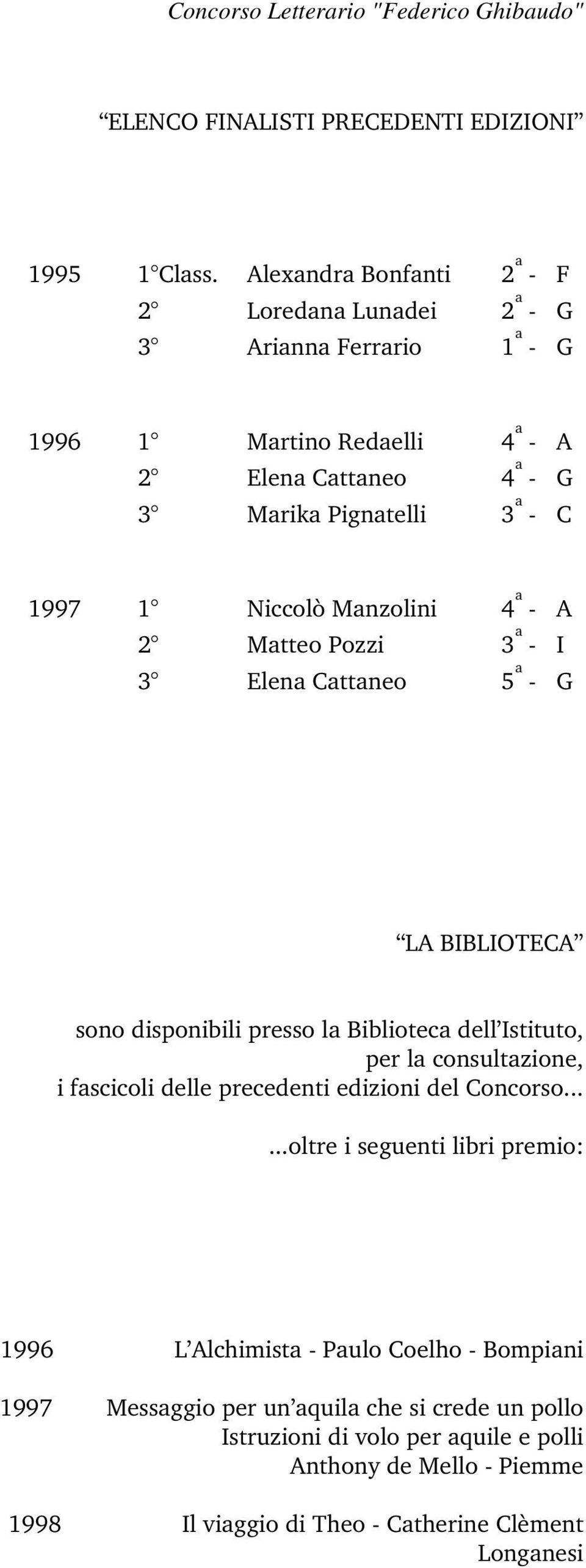 1 Niccolò Manzolini 4 a - A 2 Matteo Pozzi 3 a - I 3 Elena Cattaneo 5 a - G LA BIBLIOTECA sono disponibili presso la Biblioteca dell Istituto, per la consultazione, i