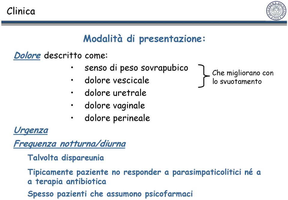 notturna/diurna Che migliorano con lo svuotamento Talvolta dispareunia Tipicamente