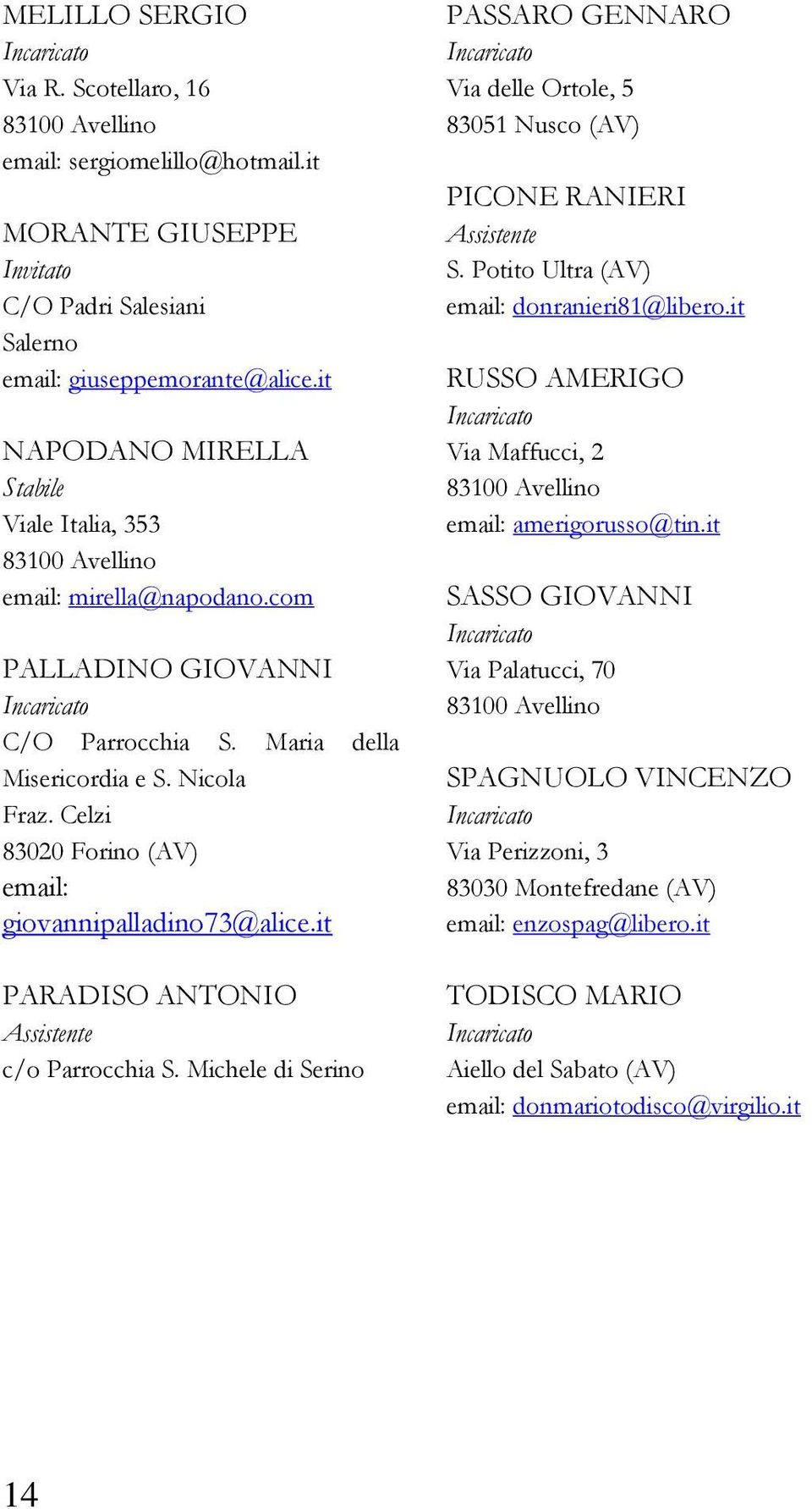 Celzi 83020 Forino (AV) email: giovannipalladino73@alice.it PARADISO ANTONIO Assistente c/o Parrocchia S.