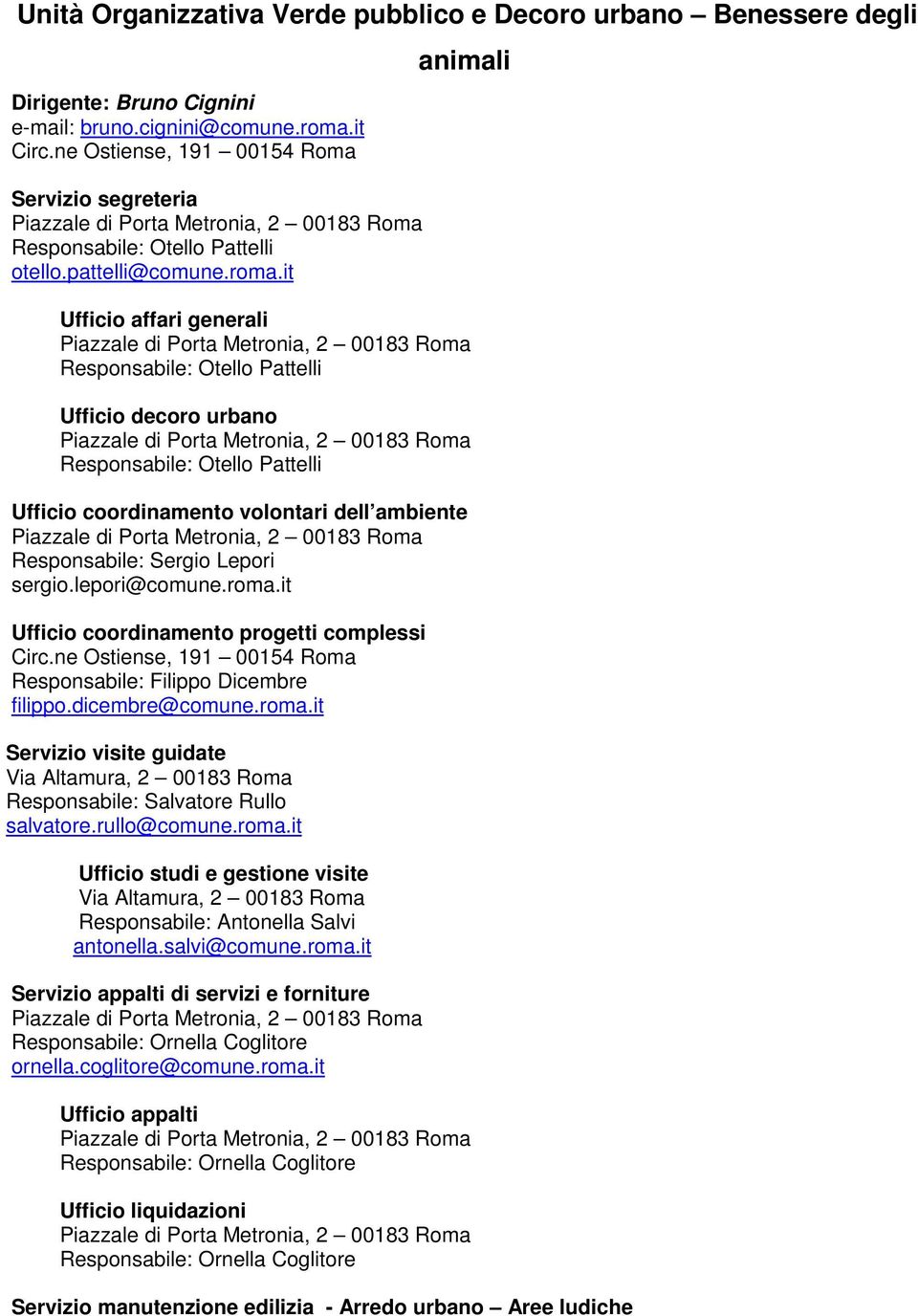 it animali Ufficio affari generali Responsabile: Otello Pattelli Ufficio decoro urbano Responsabile: Otello Pattelli Ufficio coordinamento volontari dell ambiente Responsabile: Sergio Lepori sergio.